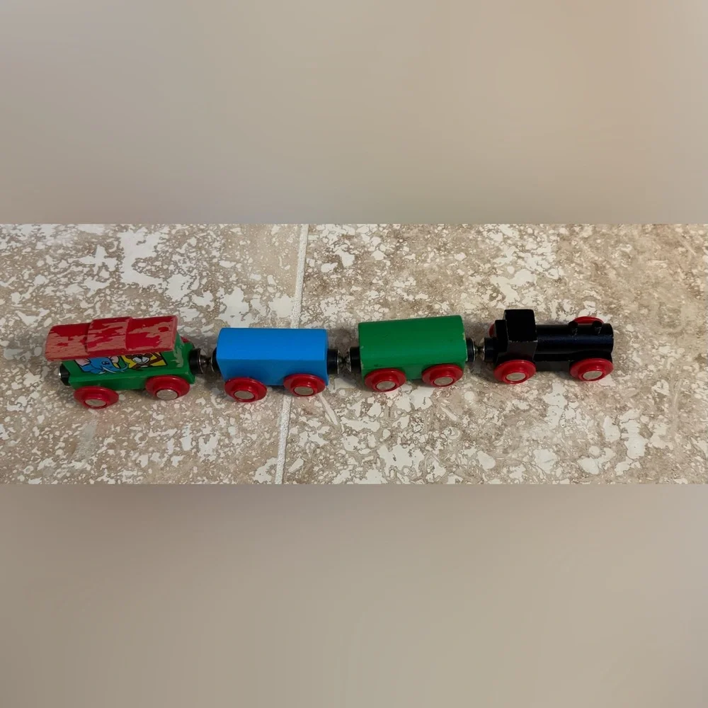 4 wooden train cars (including engine and Brio zoo) compatible w/ Brio &Thomas